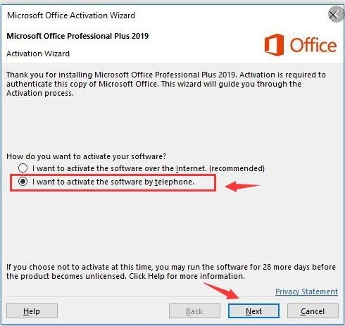 Activate Microsoft Office Key by telephone
